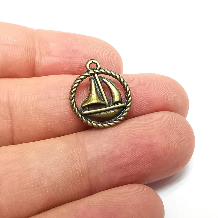 5 Ship Charms, Boho Charms, Dangle Earring Charms, Small Charms , Necklace Parts, Antique Bronze Plated 19x16mm G36193