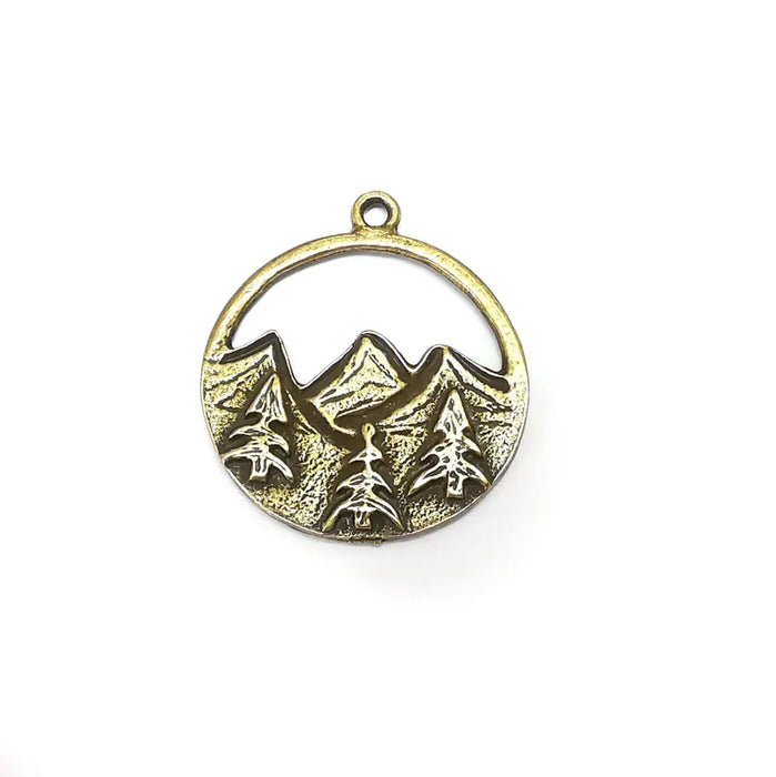 Mountain Landscape Charms, Pine Tree Crescent Moon Round Charms, Pendant Antique Bronze Plated Charms (34x29mm) G36196