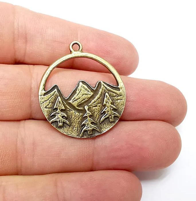 Mountain Landscape Charms, Pine Tree Crescent Moon Round Charms, Pendant Antique Bronze Plated Charms (34x29mm) G36196