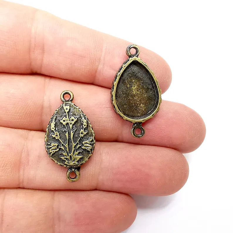 2 Bronze Drop Charms Blank, Connector Charms Base, Cabochon Bezel, inlay Mounting, Resin Necklace, Antique Bronze plated 18x13mm blank G36205