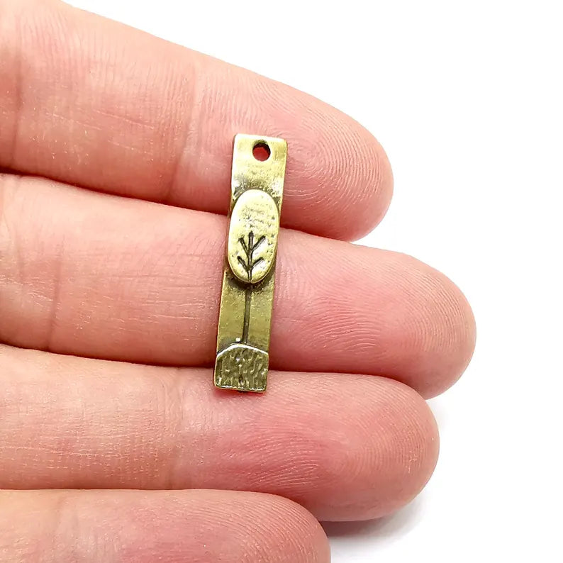 2 Bronze Plant Charms, Rectangle Charms, Earring Charms, Bronze Rustic Pendant, Necklace Parts, Antique Bronze Plated 29x6mm G36212