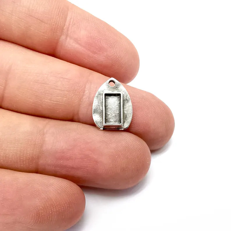 10 Leaf Rectangle Charms Blanks, Resin Bezel Bases, Mosaic Mountings, Dry flower Frame, Polymer Clay base, Antique Silver Plated (8x4mm) G36225