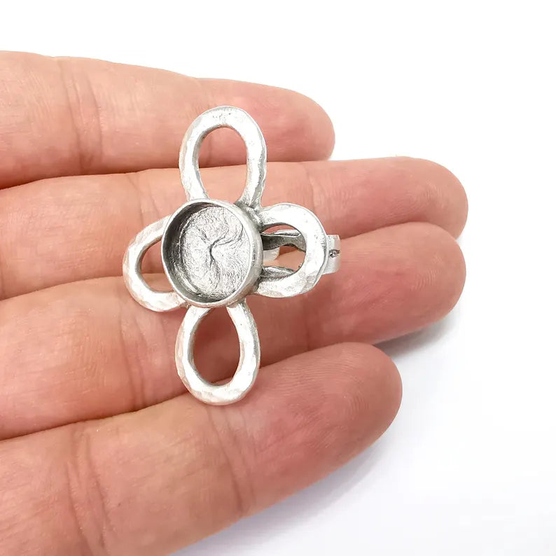 Flower Ring Setting, Cabochon Blank, Resin Bezel, Round Ring Mounting, Epoxy Frame Base, Adjustable Antique Silver Plated Brass 12mm G36229