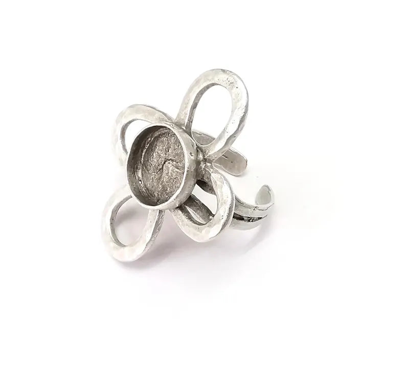 Flower Ring Setting, Cabochon Blank, Resin Bezel, Round Ring Mounting, Epoxy Frame Base, Adjustable Antique Silver Plated Brass 12mm G36229