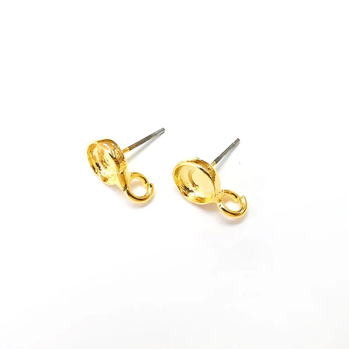 Earring Stud Base Blank with Loop, Earring Post, Ear Setting Resin Bezel, Cabochon Mounting, Shiny Gold Plated Brass (6mm blank) G36140