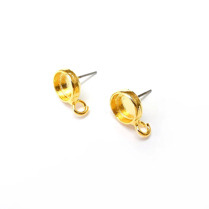 Earring Stud Base Blank with Loop, Earring Post, Ear Setting Resin Bezel, Cabochon Mounting, Shiny Gold Plated Brass (8mm blank) G36145