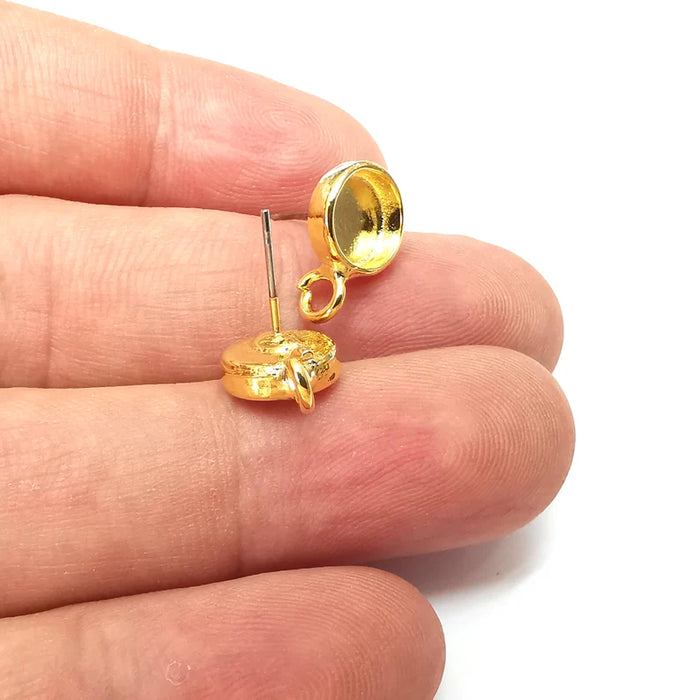 Earring Stud Base Blank with Loop, Earring Post, Ear Setting Resin Bezel, Cabochon Mounting, Shiny Gold Plated Brass (8mm blank) G36145