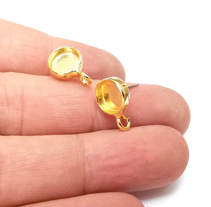 Earring Stud Base Blank with Loop, Earring Post, Ear Setting Resin Bezel, Cabochon Mounting, Shiny Gold Plated Brass (8mm blank) G36145