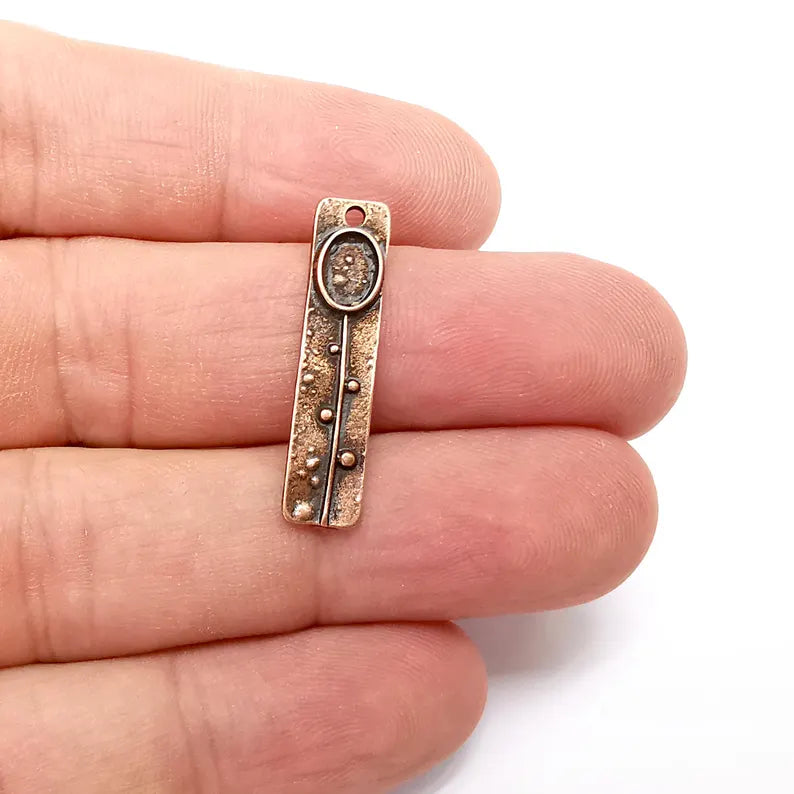 5 Copper Charms, Rectangle Charms, Ethnic Earring Charms, Copper Rustic Pendant, Necklace Parts, Antique Copper Plated 29x7mm (6x4mm) G36157