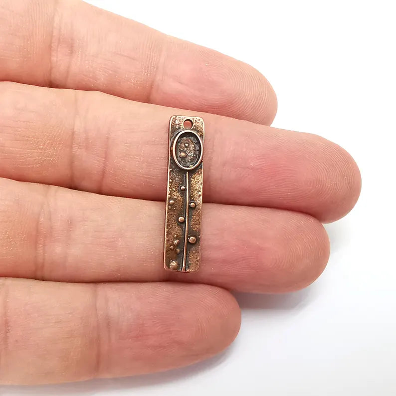 5 Copper Charms, Rectangle Charms, Ethnic Earring Charms, Copper Rustic Pendant, Necklace Parts, Antique Copper Plated 29x7mm (6x4mm) G36157