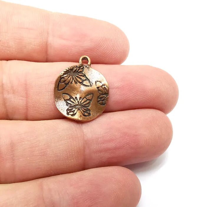 5 Butterfly Disc Charms, Wavy Charms, Dangle Charm, DIY Charms, Earring Charm, Round Necklace Parts, Antique Copper Plated 21x17mm G36163