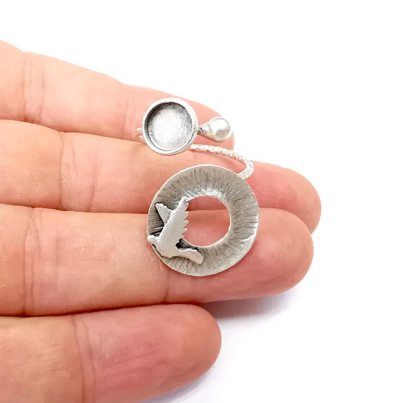 Bird Ring Setting, Cabochon Blank, Resin Bezel, Round Ring Mounting, Epoxy Frame Base, Adjustable Antique Silver Plated Brass 8mm G36253