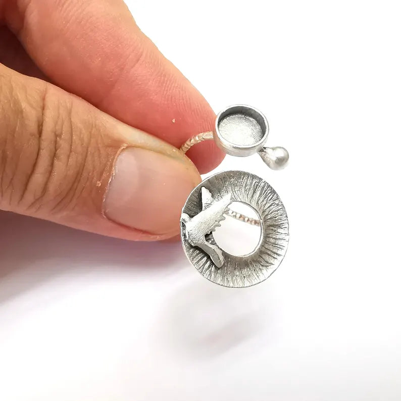 Bird Ring Setting, Cabochon Blank, Resin Bezel, Round Ring Mounting, Epoxy Frame Base, Adjustable Antique Silver Plated Brass 8mm G36253