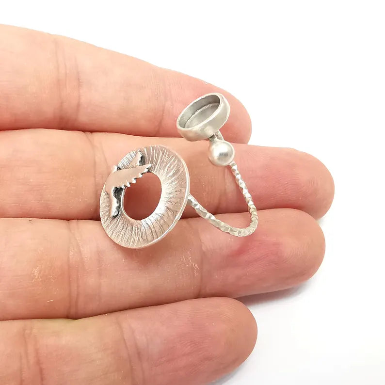 Bird Ring Setting, Cabochon Blank, Resin Bezel, Round Ring Mounting, Epoxy Frame Base, Adjustable Antique Silver Plated Brass 8mm G36253