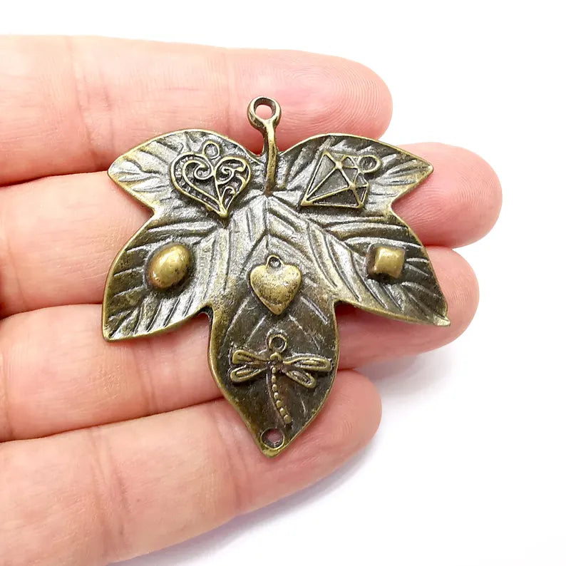 Leaf Pendant, Boho Charms, Dangle Charm, DIY Charms, Earring Charm, Necklace Parts, Antique Bronze Plated 54x52mm G36172