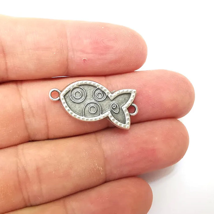 2 Fish Charms, Silver Connector, Boho Charms, Earring Charms, Silver Pendant, Necklace Parts, Antique Silver Plated 28x13mm G36258