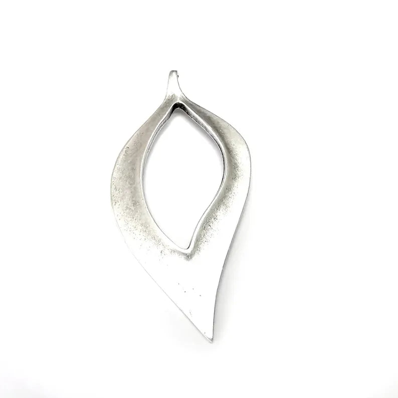 Big Leaf Charms, Middle Hole Pendant, Boho Pendant, Earring Charms, Silver Pendant, Necklace Parts, Antique Silver Plated 99x48mm G36260