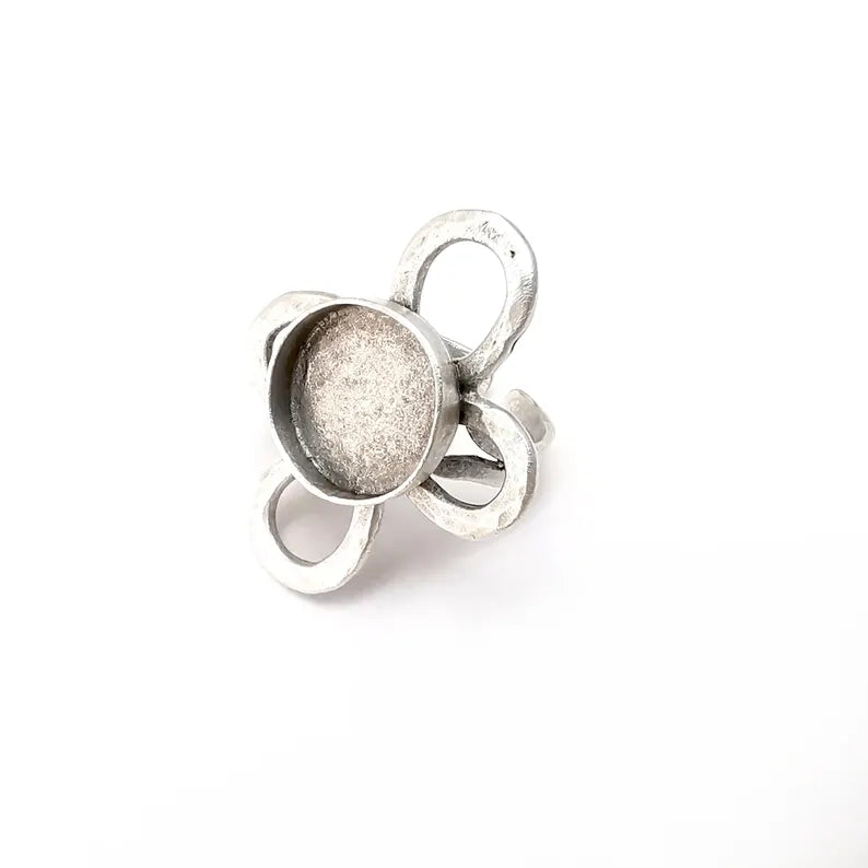 Flower Ring Setting, Cabochon Blank, Resin Bezel, Round Ring Mounting, Epoxy Frame Base, Adjustable Antique Silver Plated Brass 16mm G36262