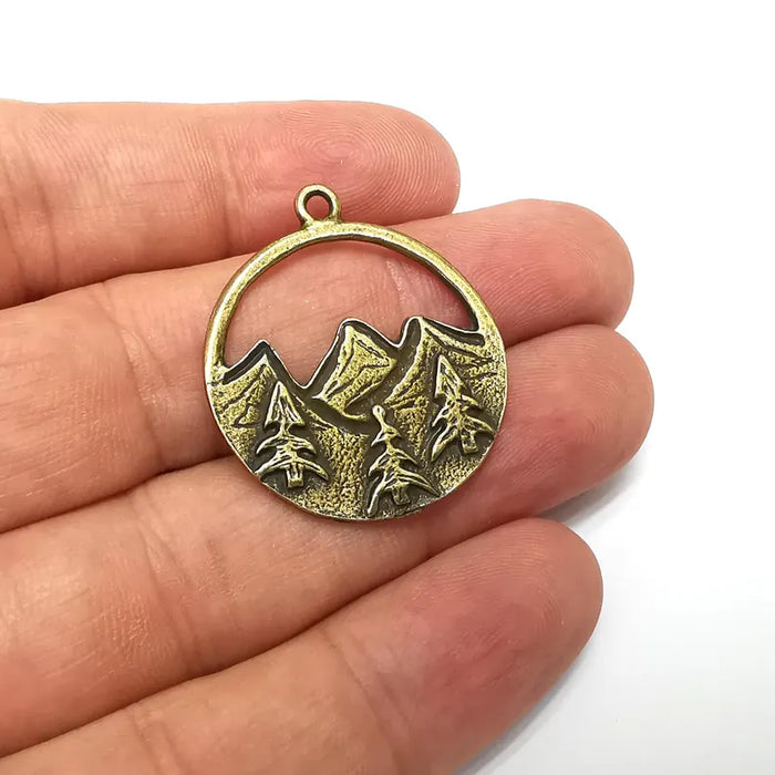 Mountain Landscape Charms, Pine Tree Crescent Moon Round Charms, Pendant Antique Bronze Plated Charms (34x29mm) G36196