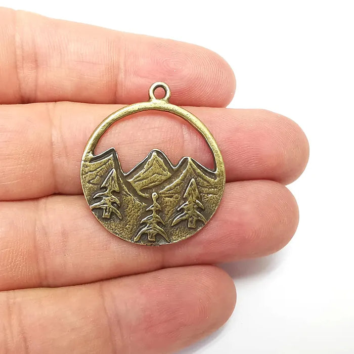 Mountain Landscape Charms, Pine Tree Crescent Moon Round Charms, Pendant Antique Bronze Plated Charms (34x29mm) G36196