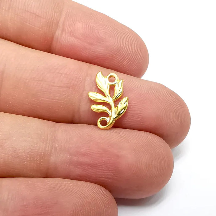 10 Leaf Branch Charms, Small Charms, Gold Connector, Gold Plated Charms (15x10mm) G36211