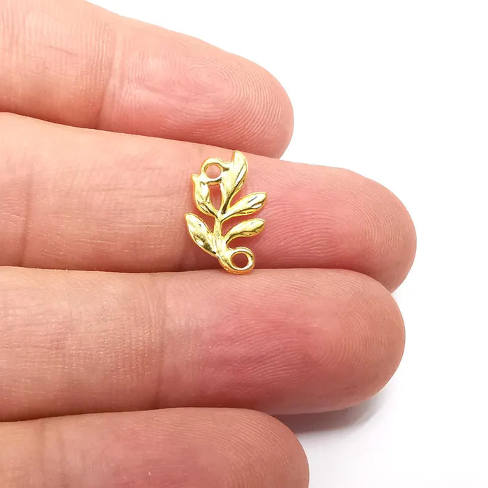 10 Leaf Branch Charms, Small Charms, Gold Connector, Gold Plated Charms (15x10mm) G36211