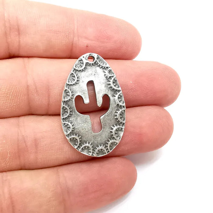 Silver Cactus Charms, Nature Charms, Ethnic Earring Charms, Silver Rustic Pendant, Necklace Parts, Antique Silver Plated 34x22mm G36283