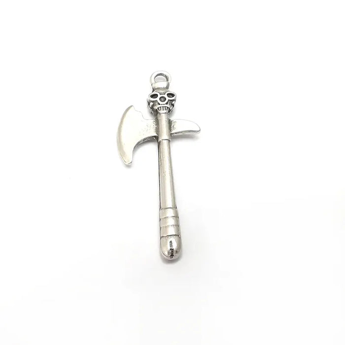 Silver Axe Skull Charms, War Charms, Ethnic Earring Charms, Silver Rustic Pendant, Necklace Parts, Antique Silver Plated 52x21mm G36285