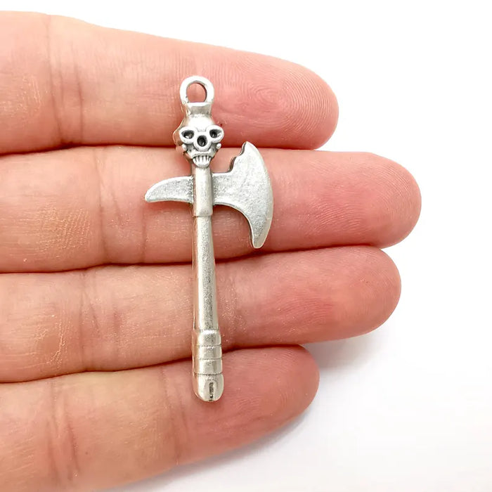 Silver Axe Skull Charms, War Charms, Ethnic Earring Charms, Silver Rustic Pendant, Necklace Parts, Antique Silver Plated 52x21mm G36285