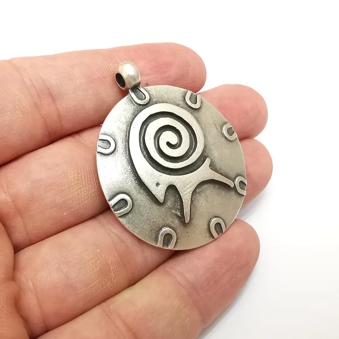 Silver Ram Swirl Charms, Symbol Charms, Ethnic Earring Charms, Silver Rustic Pendant, Necklace Parts, Antique Silver Plated 48x40mm G36286