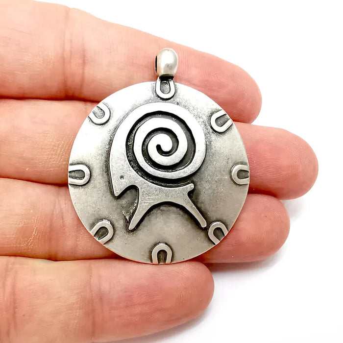 Silver Ram Swirl Charms, Symbol Charms, Ethnic Earring Charms, Silver Rustic Pendant, Necklace Parts, Antique Silver Plated 48x40mm G36286