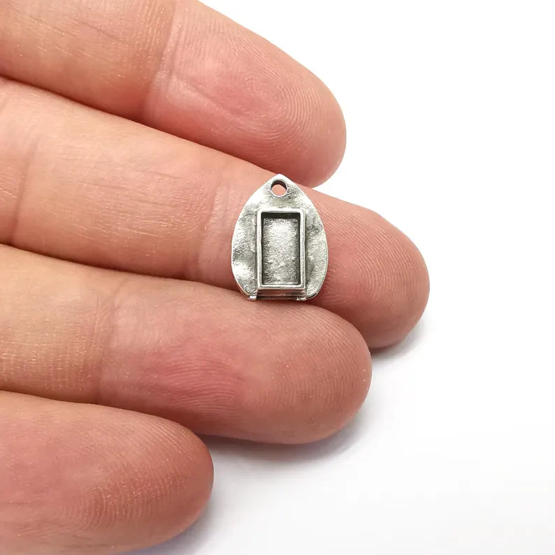10 Leaf Rectangle Charms Blanks, Resin Bezel Bases, Mosaic Mountings, Dry flower Frame, Polymer Clay base, Antique Silver Plated (8x4mm) G36225
