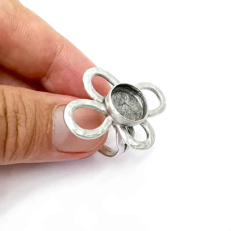 Flower Ring Setting, Cabochon Blank, Resin Bezel, Round Ring Mounting, Epoxy Frame Base, Adjustable Antique Silver Plated Brass 12mm G36229