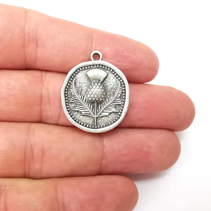 Thistle Charms, Silver Flower Charms, Boho Charms, Earring Charms, Silver Pendant, Necklace Parts, Antique Silver Plated 28x23mm G36237