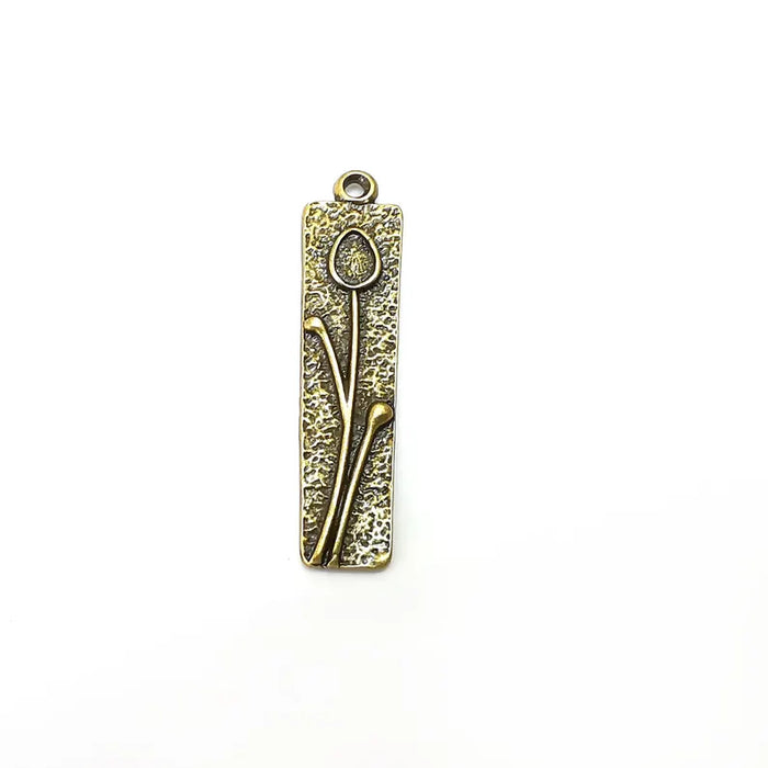 2 Flower Charms, Rectangle Charms, Ethnic Earring Charms, Bronze Rustic Pendant, Necklace Parts, Antique Bronze Plated 42x10mm (6x4mm) G36309