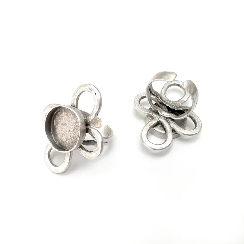 Flower Ring Setting, Cabochon Blank, Resin Bezel, Round Ring Mounting, Epoxy Frame Base, Adjustable Antique Silver Plated Brass 16mm G36262