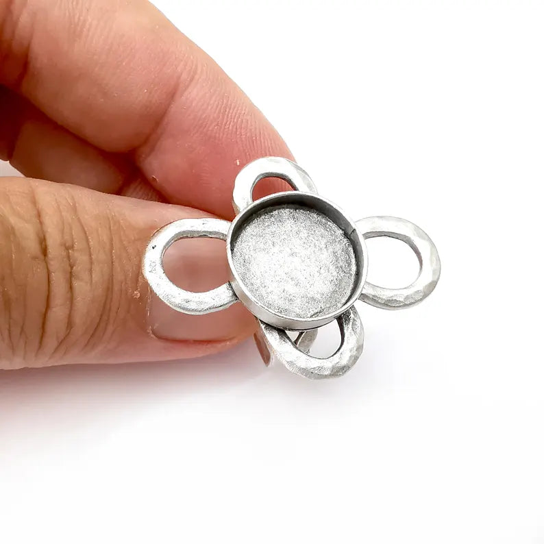 Flower Ring Setting, Cabochon Blank, Resin Bezel, Round Ring Mounting, Epoxy Frame Base, Adjustable Antique Silver Plated Brass 16mm G36262