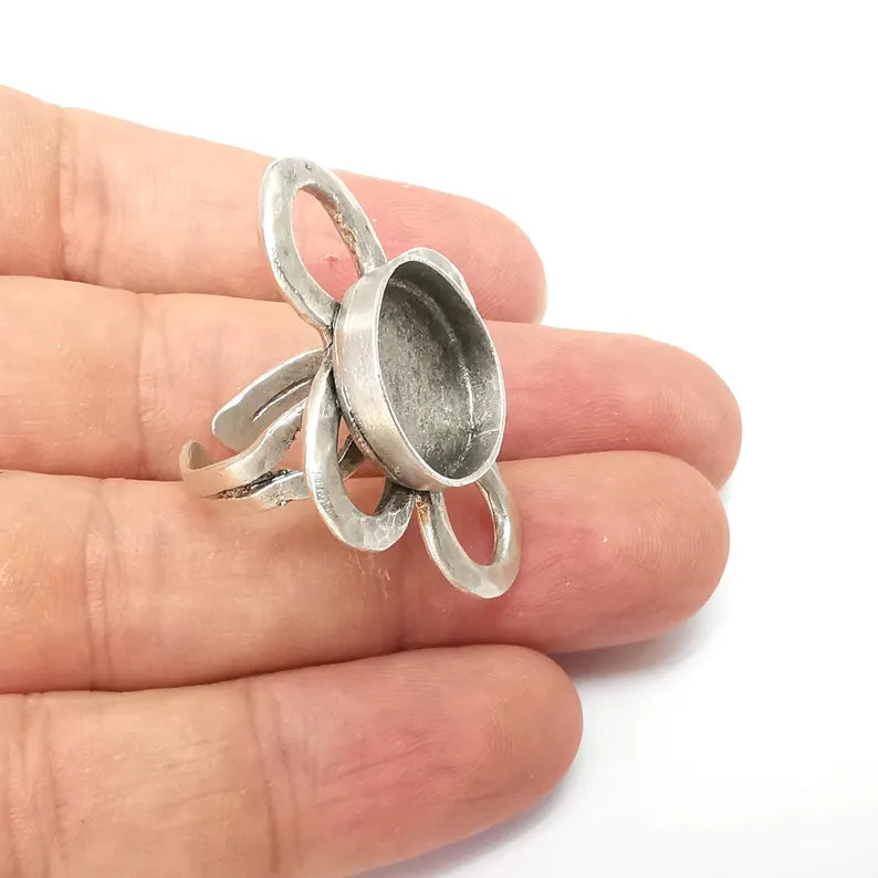 Flower Ring Setting, Cabochon Blank, Resin Bezel, Round Ring Mounting, Epoxy Frame Base, Adjustable Antique Silver Plated Brass 16mm G36262