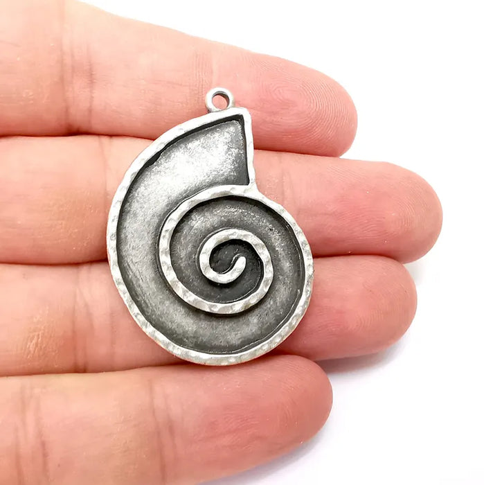 Silver Ammonite Swirl Charms Blank, Charms Base, Cabochon Bezel, inlay Mounting, Resin Necklace, Antique Silver plated 43x31mm G36268