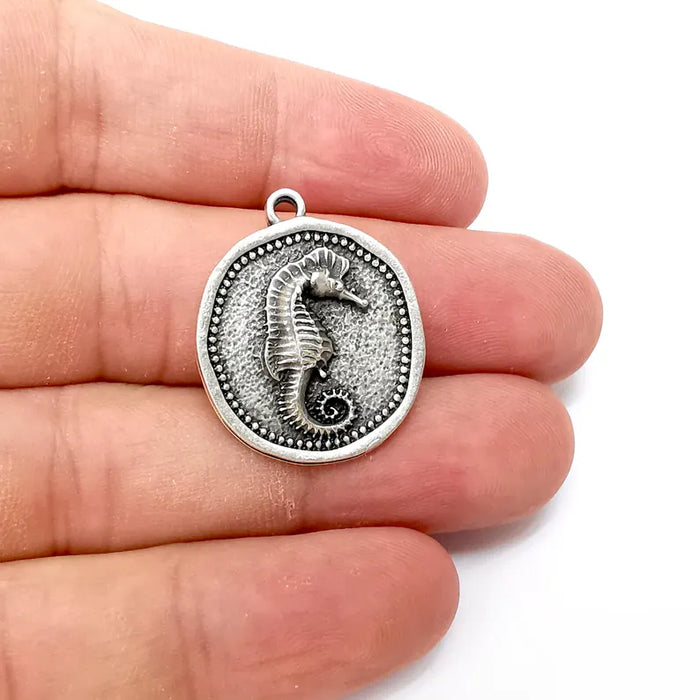 Sea Horse Charms, Silver Disc Charms, Boho Charms, Earring Charms, Silver Pendant, Necklace Parts, Antique Silver Plated 28x23mm G36270