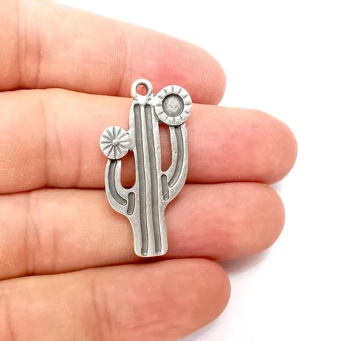 Cactus Charms, Silver Blank Charms, Boho Charms, Earring Charms, Silver Pendant, Necklace Parts, Antique Silver Plated 36x19mm 4mm G36271