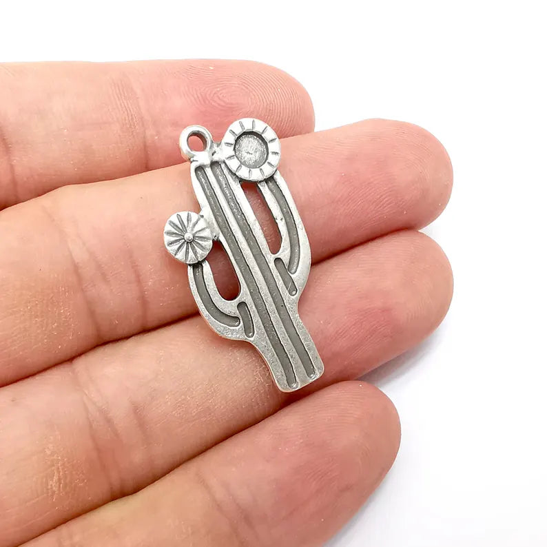 Cactus Charms, Silver Blank Charms, Boho Charms, Earring Charms, Silver Pendant, Necklace Parts, Antique Silver Plated 36x19mm 4mm G36271