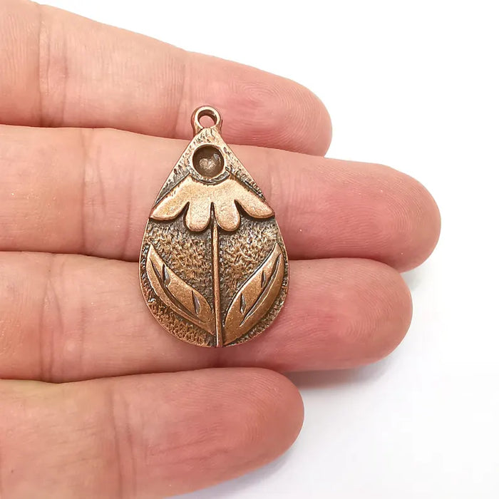 Copper Flower Charms, Blank Charms, Rustic Charms, Earring Charms, Copper Pendant, Necklace Parts, Antique Copper Plated 36x22mm 4mm G36334