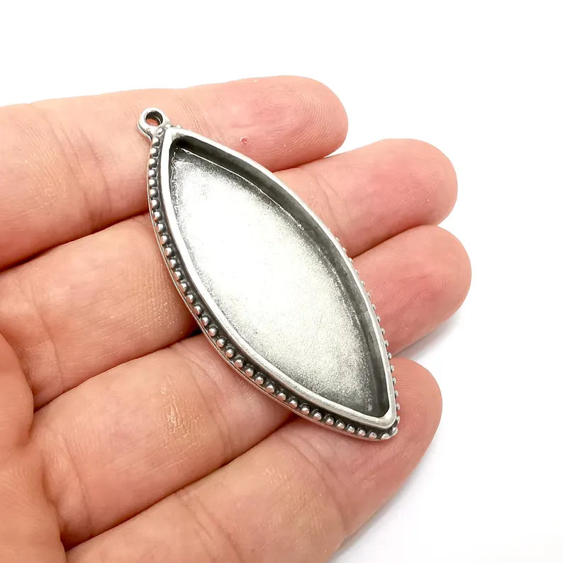 Silver Marquise Charms Blank, Charms Base, Cabochon Bezel, inlay Mounting, Resin Necklace, Antique Silver Plated 49x20mm blank G36279