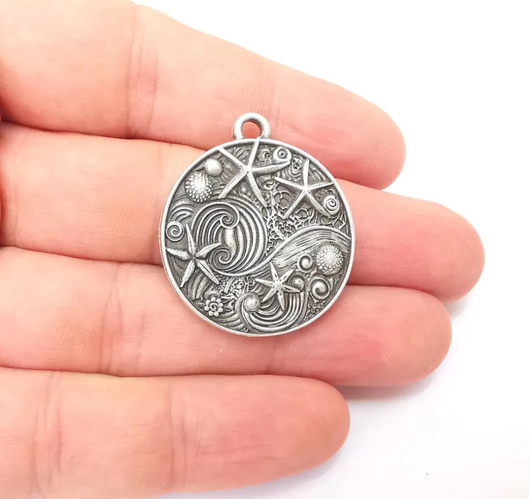 Nautical Charms, Starfish and Wave Detailed Boho Necklace Charm, Ocean-Themed Antique Silver Round Pendant, 34x30mm Earring Charms G36335