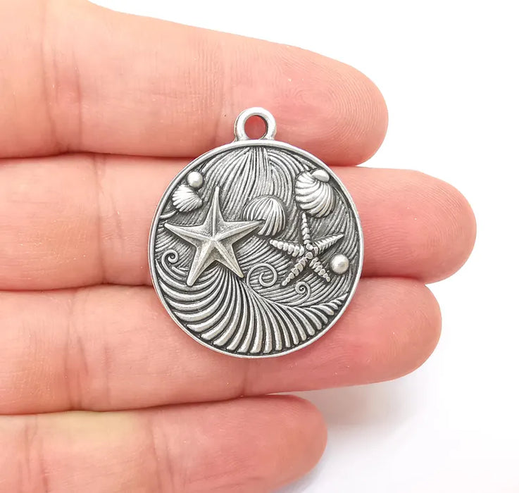 Nautical Charms, Starfish and Wave Detailed Boho Necklace Charm, Ocean-Themed Antique Silver Round Pendant, 34x30mm Earring Charms G36337