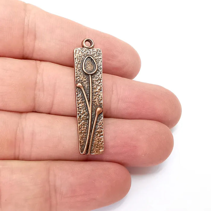 2 Flower Charms, Rectangle Charms, Ethnic Earring Charms, Copper Rustic Pendant, Necklace Parts, Antique Copper Plated 42x10mm (6x4mm) G36340