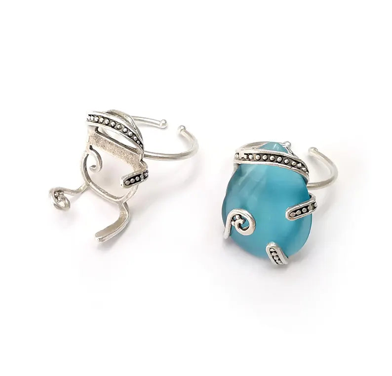 Silver Claw Ring Setting, Cabochon Blank, Resin Drop Bezel, Mounting, Claw Frame Base, Adjustable Antique Silver Plated Brass 25x18mm G36343