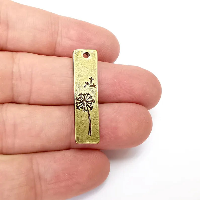 2 Bronze Dandelion Charms, Rectangle, Rustic Charms, Earring Charms, Bronze Pendant, Necklace Parts, Antique Bronze Plated 34x9mm G36346