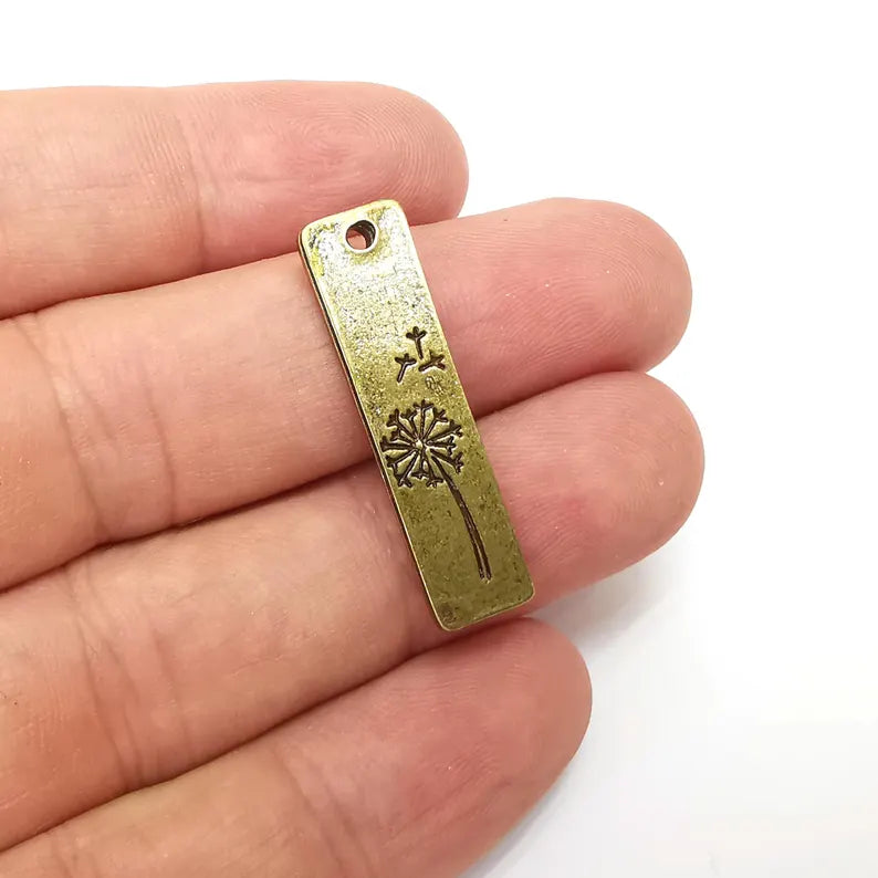 2 Bronze Dandelion Charms, Rectangle, Rustic Charms, Earring Charms, Bronze Pendant, Necklace Parts, Antique Bronze Plated 34x9mm G36346